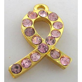 cancer awareness ribbon, alloy pendant with rhinestone, gold plated