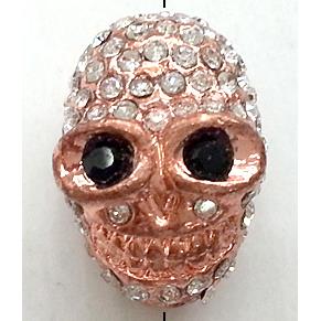 Skull charm, bracelet spacer, alloy bead with rhinestone, red copper