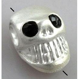 skull charm for bracelet, alloy bead with rhinestone, duck-silver