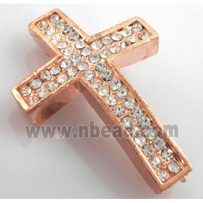 bracelet spacer, alloy cross with rhinestone, red copper plated