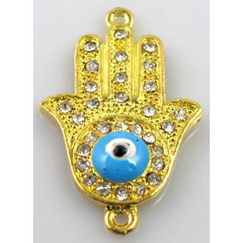 Hamsahand, evil-eye bracelet bar, alloy connector with rhinestone, golden