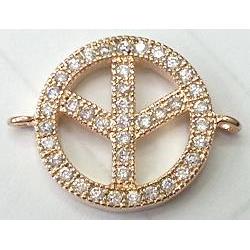 bracelet bar, connector, peace sign with zircon, light-gold plated