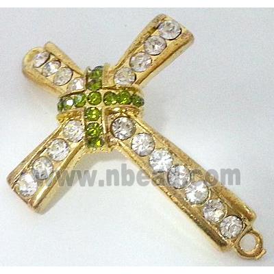 bracelet bar, cross, alloy bead with rhinestone, gold