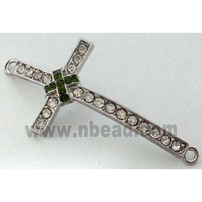 bracelet bar, cross, alloy bead with rhinestone, platinum plated