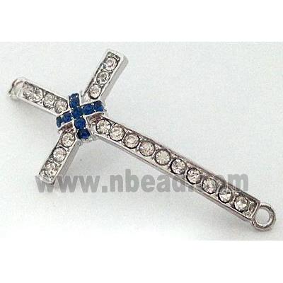 bracelet bar, cross, alloy bead with rhinestone, platinum plated