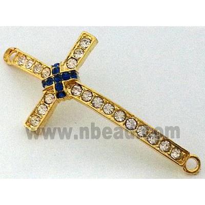 bracelet bar, cross, alloy bead with rhinestone, gold