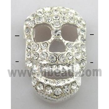 Bracelet bar, alloy bead with rhinestone, skull, silver plated