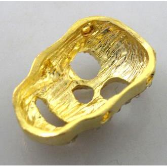 Bracelet bar, alloy bead with rhinestone, skull, gold