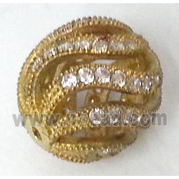 bracelet spacer, copper bead with zircon rhinestone, brass