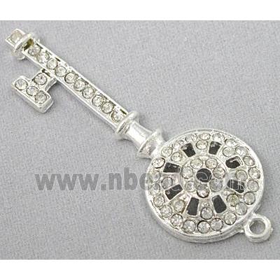 alloy pendant with rhinestone, key, silver