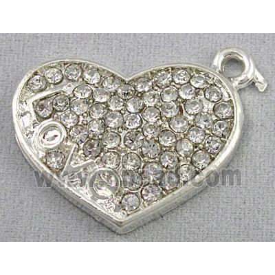 alloy pendant with rhinestone, heart, silver