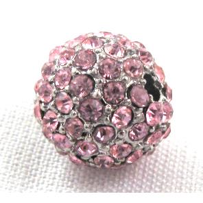 round alloy beads, paved pink rhinestone, platinum plated