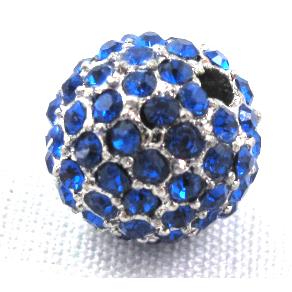 round beads, paved blue rhinestone, alloy, platinum plated