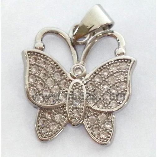 paved zircon copper pendant, butterfly, platinum plated