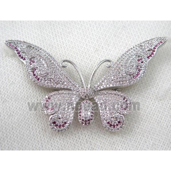 copper butterfly brooch paved zircon, platinum plated
