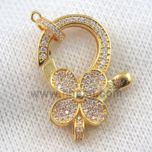 copper Lobster Clasp paved zircon, clover, gold plated