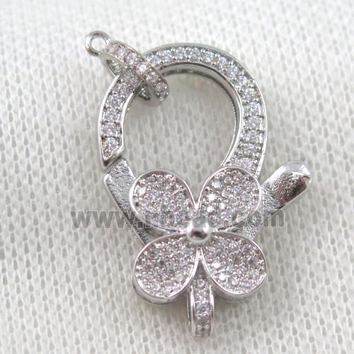 copper Lobster Clasp paved zircon, clover, platinum plated