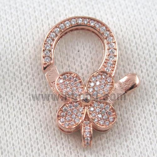 copper Lobster Clasp paved zircon, clover, rose gold