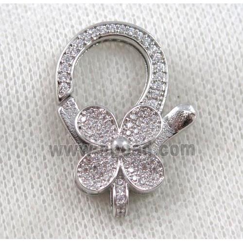 copper Lobster Clasp paved zircon, clover, platinum plated