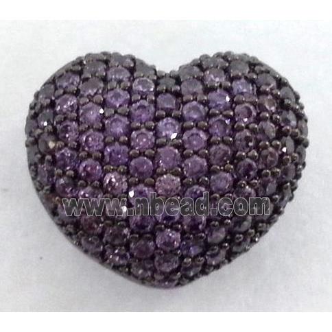 paved zircon copper bead, heart, purple, black plated