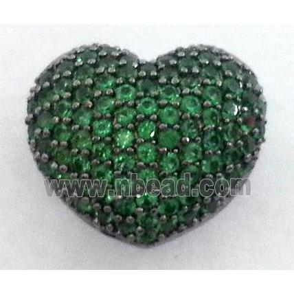 paved zircon copper bead, heart, peacock green, black plated