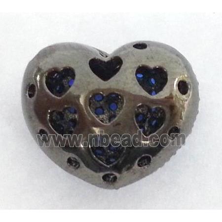 paved zircon copper bead, heart, blue, black plated