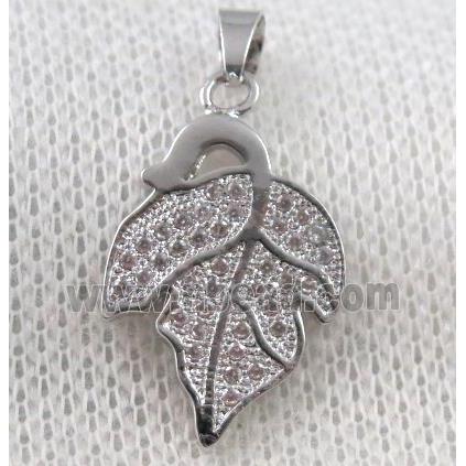 copper leaf pendant paved zircon, platinum plated