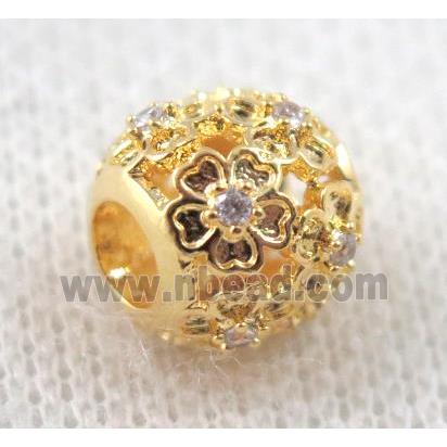 round copper beads paved zircon, hollow, gold plated