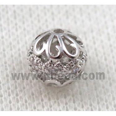 round copper bead paved zircon, hollow, platinum plated