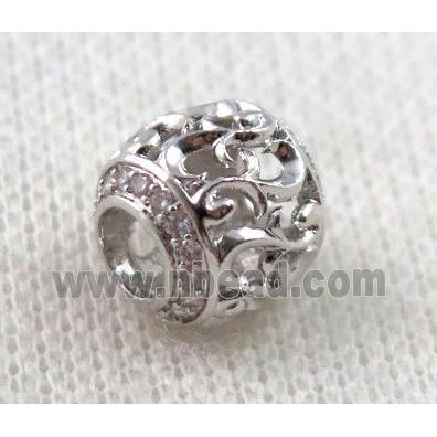 round copper bead paved zircon, hollow, platinum plated