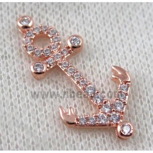copper anchor pendant paved zircon, rose gold plated