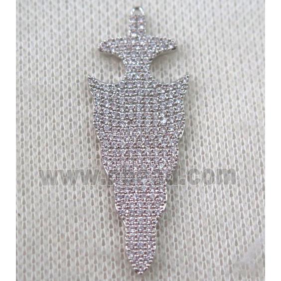copper arrowhead pendant paved zircon, platinum plated