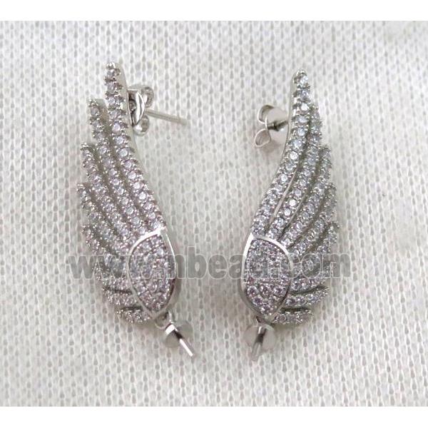 copper earring paved zircon, wing, platinum plated