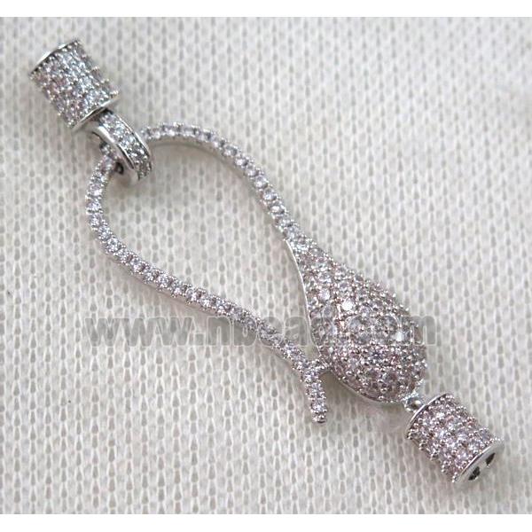 copper connector clasp paved zircon, platinum plated