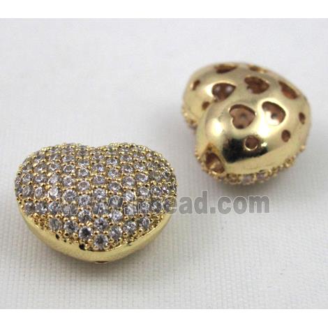 paved zircon copper bead, heart, gold plated