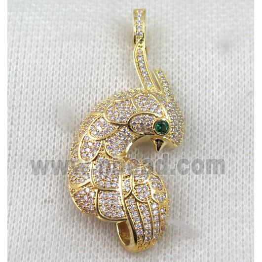 copper peacock pendant paved zircon, gold plated