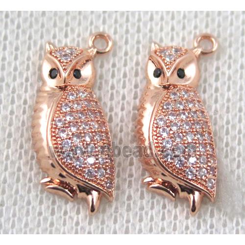 copper owl pendant paved zircon, rose gold
