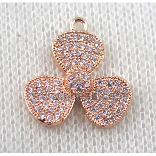 copper pendant paved zircon, three leaf clover, rose gold plated