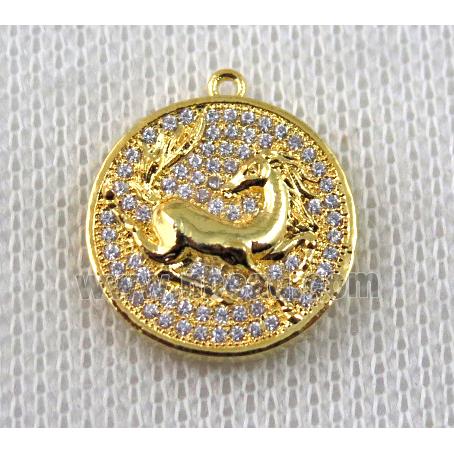 copper Zodiac Horse pendant paved zircon, gold plated