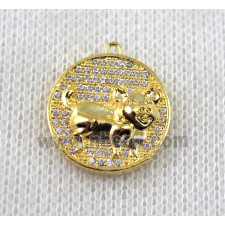 copper Zodiac Boar pendant paved zircon, gold plated