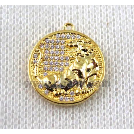 copper Zodiac Dog pendant paved zircon, gold plated