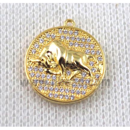 copper Zodiac Ox pendant paved zircon, gold plated