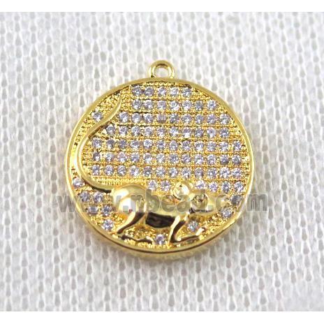 copper Zodiac Rat pendant paved zircon, gold plated