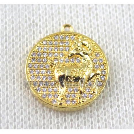 copper Zodiac Sheep pendant paved zircon, gold plated