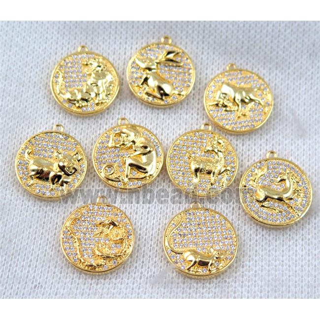 Chinese Zodiac pendant paved zircon, copper, gold plated