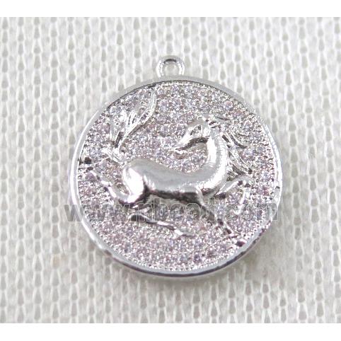 copper Zodiac Horse pendant paved zircon, platinum plated