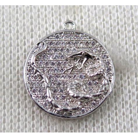 copper Zodiac Snake pendant paved zircon, platinum plated