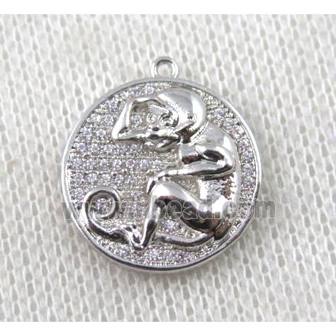 copper Zodiac Monkey pendant paved zircon, platinum plated