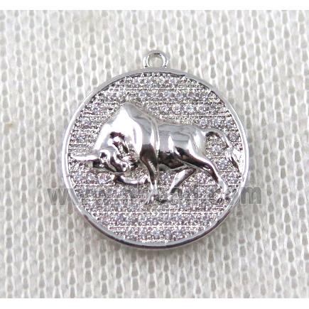 copper Zodiac Ox pendant paved zircon, platinum plated