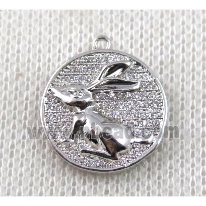 copper Zodiac Hare pendant paved zircon, platinum plated